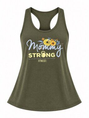 Ideal Graphic Racerback Tank Top Women’s Size M Olive Green “mommy Strong”